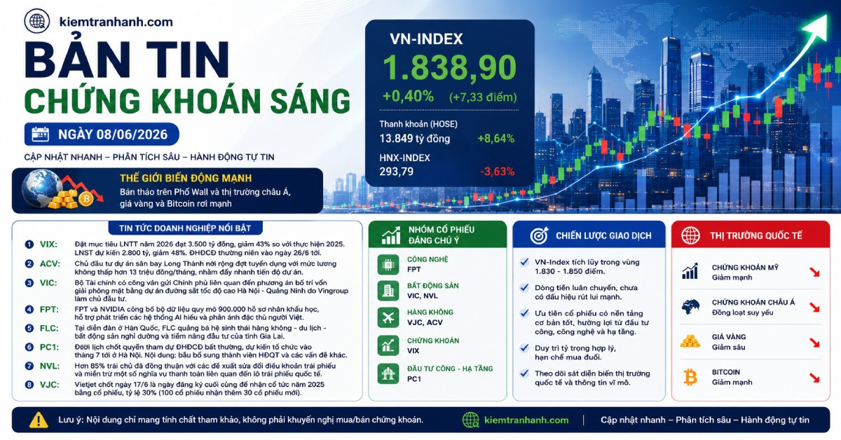 Bản tin chứng khoán sáng 08/06/2026: FPT, VIC, NVL thu hút chú ý, VN-Index tích lũy vùng 1.850 điểm