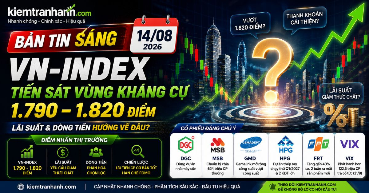 Chứng khoán 14/08: VN-Index sắp vượt 1.820? HPG, DGC, VIC, FRT có gì đáng chú ý?. Cập nhật thị trường chứng khoán 14/08/2026: VN-Index, diễn biến lãi suất và thông tin nổi bật từ HPG, DGC, MSB, VIC, FRT, VIX, PDR cùng chiến lược giao dịch.