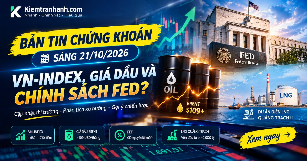 Bản tin chứng khoán sáng 21/10/2026: VN-Index, giá dầu và chính sách Fed. Bản tin chứng khoán sáng 21/10/2026 cập nhật VN-Index, diễn biến thị trường quốc tế, giá dầu Brent, chính sách lãi suất Fed và dự án điện LNG Quảng Trạch II.
