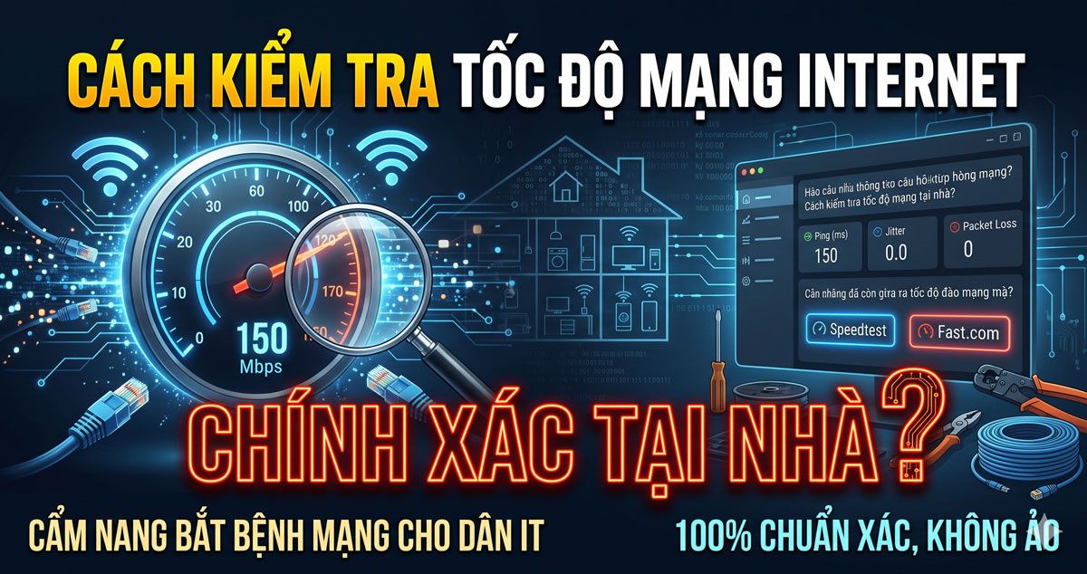 Cách Kiểm Tra Tốc Độ Mạng Internet Chính Xác Tại Nhà. Hướng dẫn cách kiểm tra tốc độ mạng Internet tại nhà chính xác, đo tốc độ tải xuống, tải lên, Ping, độ trễ và cách khắc phục WiFi chậm hiệu quả.