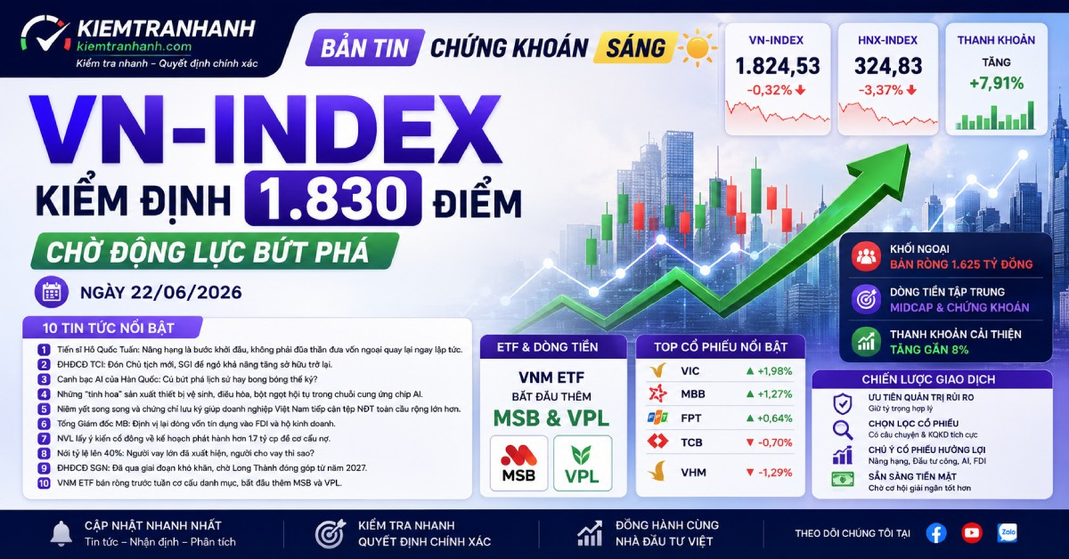 Bản Tin Chứng Khoán Sáng 22/06/2026: VN-Index Kiểm Định 1.830 Điểm, Chờ Động Lực Bứt Phá