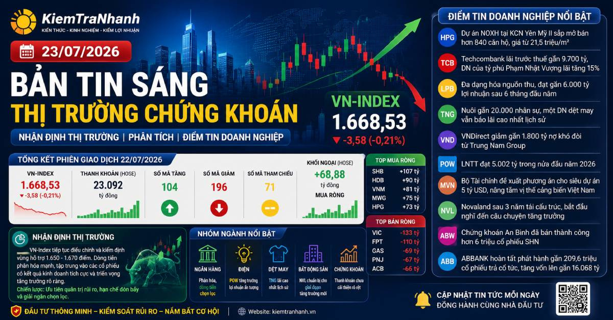 Nhận định chứng khoán ngày 23/07: VN-Index tìm điểm cân bằng, TCB, POW, TNG tiếp tục tăng trưởng