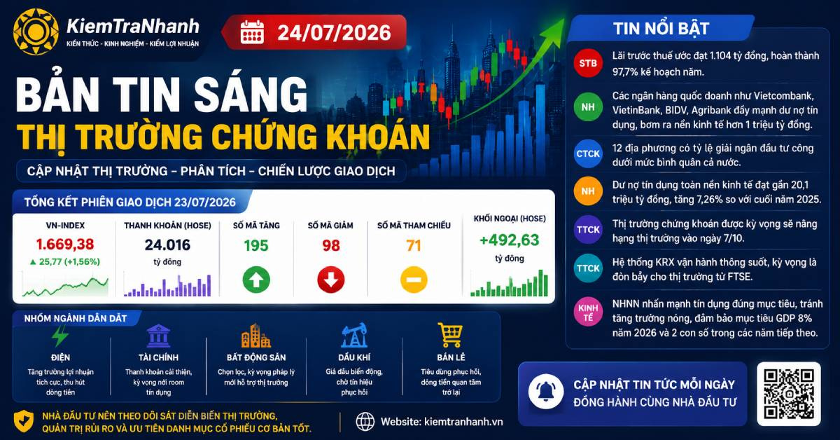 Bản tin chứng khoán sáng 24/07/2026: VN-Index hướng tới 1.730 điểm, dòng tiền cải thiện