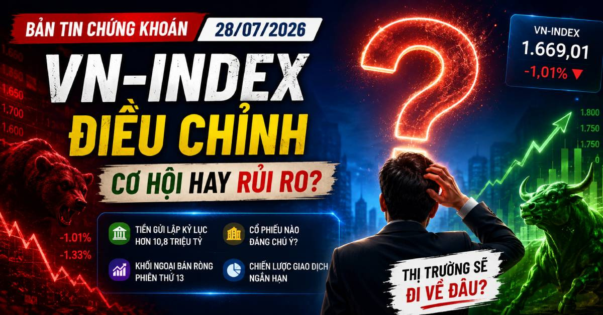 Bản tin chứng khoán sáng 28/07/2026: VN-Index điều chỉnh, tiền gửi lập kỷ lục