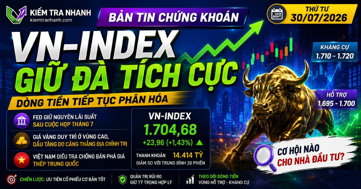 Bản tin chứng khoán 30/07/2026: VN-Index giữ đà tăng