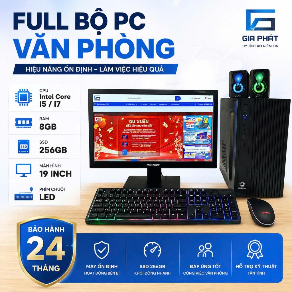 Full Bộ PC Văn Phòng i5 i7 RAM 8GB SSD 256GB Màn 19 Inch BH 24T Giá Rẻ