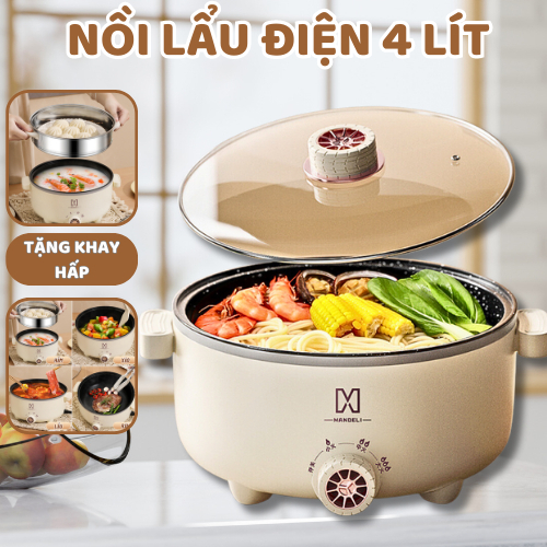 Nồi Lẩu Điện MADELI 28cm 1000W 4L Kèm Xửng Hấp Inox Giá Rẻ
