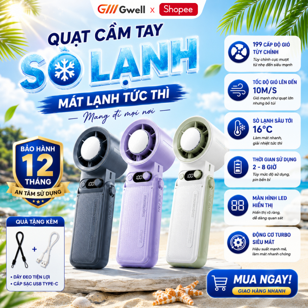 Quạt Cầm Tay Tích Điện Mini 199 Tốc Độ Gió Siêu Mạnh Kèm Sò Lạnh Giá Rẻ