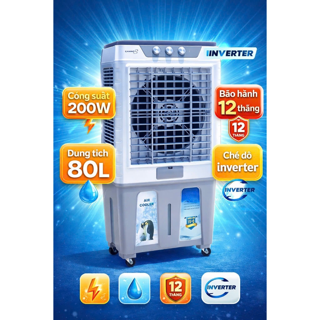Quạt Điều Hòa Hơi Nước 45L Inverter Lõi Đồng Giá Rẻ, Làm Mát Mạnh