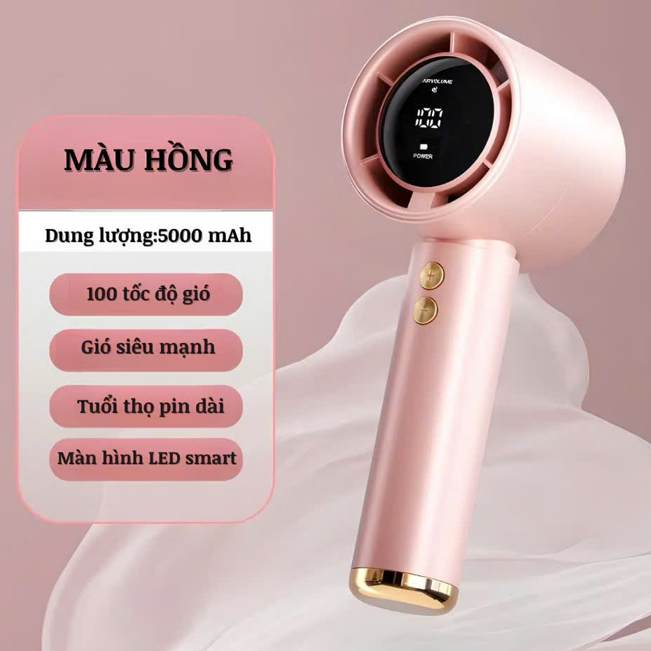Quạt Mini Cầm Tay PTLUXURY Tích Điện 5 Chế Độ Cao Cấp, Có Màn Hình Hiển Thị